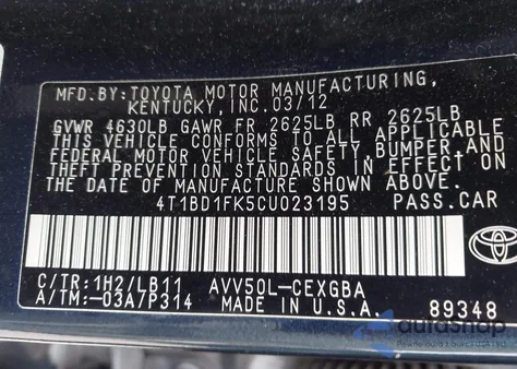 2012 Toyota Camry Hybrid Xle from USA, damaged, VIN 4T1BD1FK5CU023195